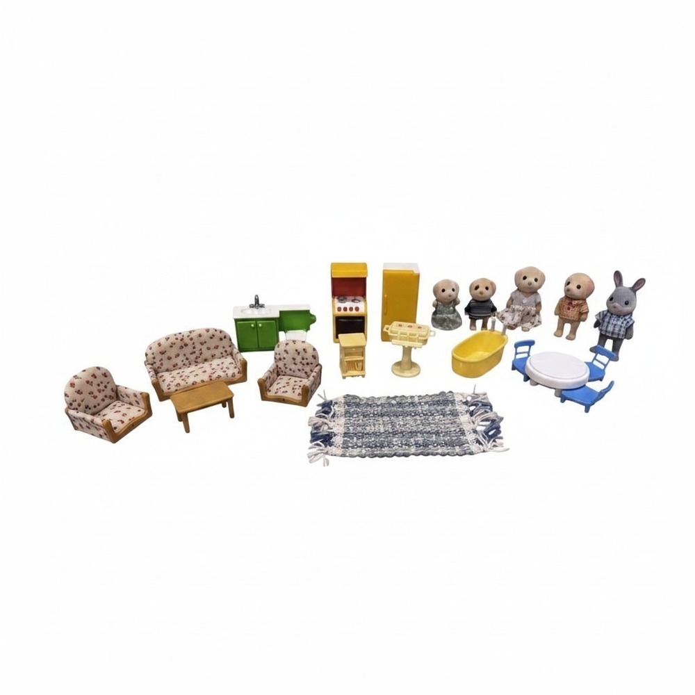 Vintage Calico Critters Sylvanian Families Lot Flocked Figures Furniture Rug